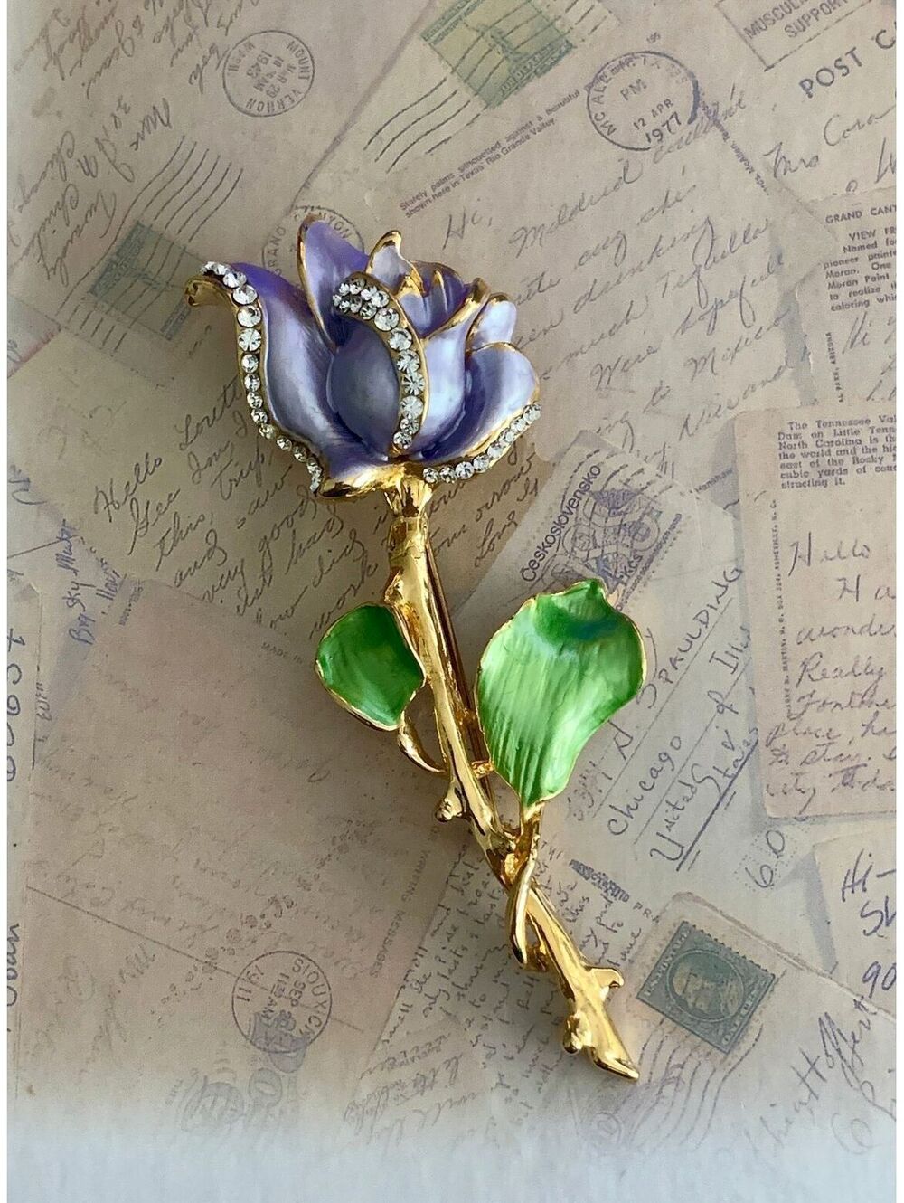 Vintage Elegant Purple Rose Brooch with Rhinestones - Floral Pin Accessory